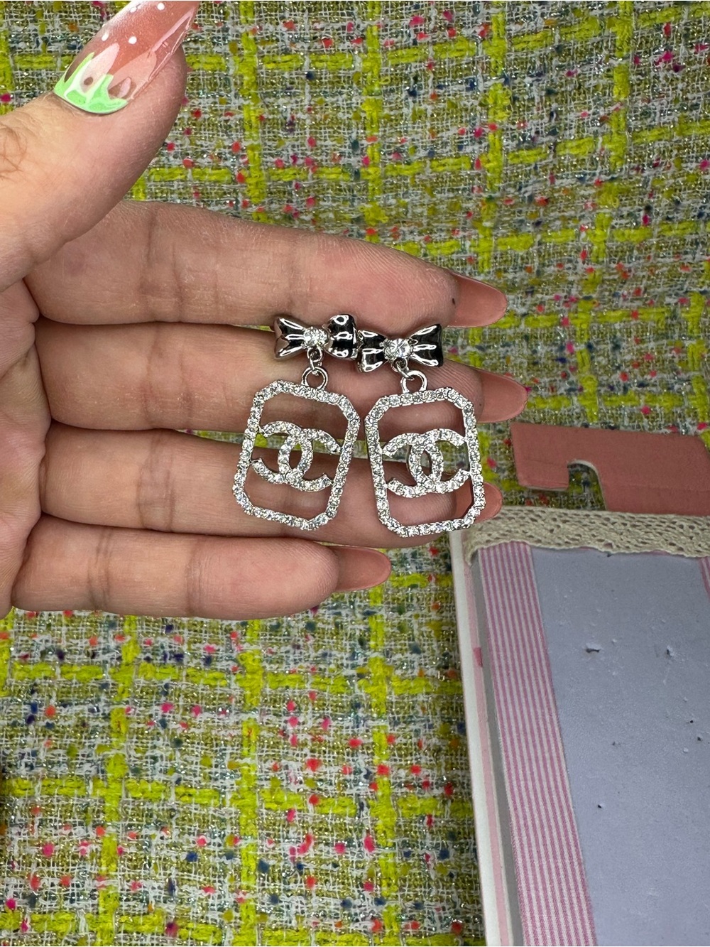 A great Crystal Bow Drop Earrings - Silver Crystal Double-C Logo